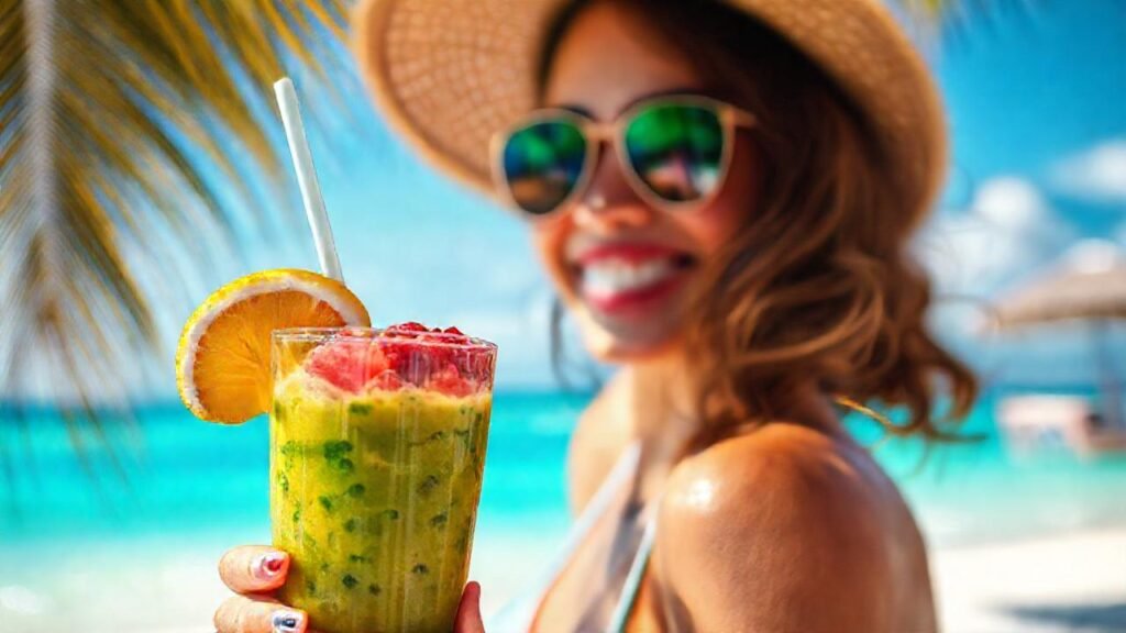 Una mujer feliz disfruta de un cóctel tropical