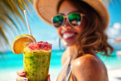 Una mujer feliz disfruta de un cóctel tropical