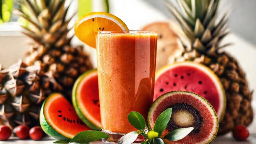 Frutas tropicales apetitosas en smoothie brillante