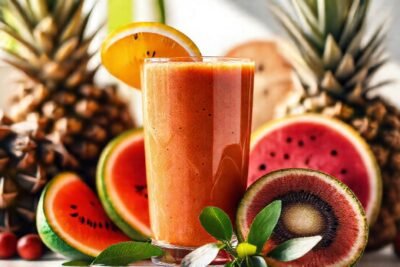 Frutas tropicales apetitosas en smoothie brillante