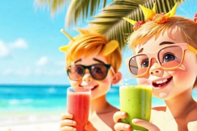 Frutas tropicales vibrantes y alegría infantil