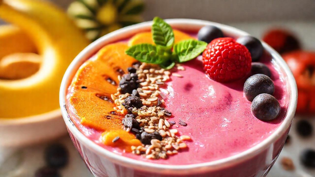 Batido colorido y saludable, apetitoso y fresco